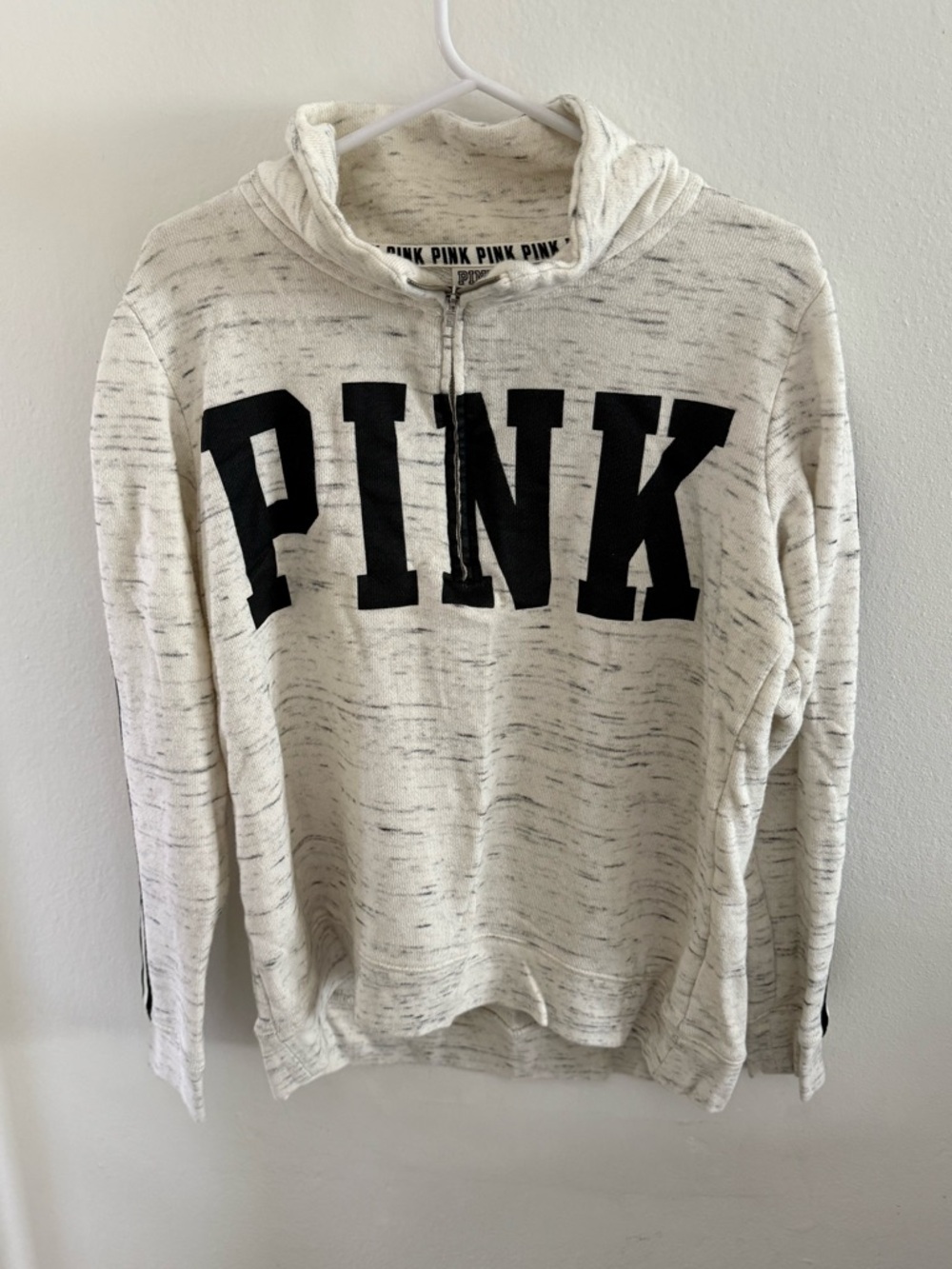 PINK Victoria's Secret Ivory Heather Half-Zip Hoodie with Black Logo
